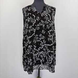 Cristina B Women's Tunic Blouse L Black Print Sleeveless Layered Curved Hem